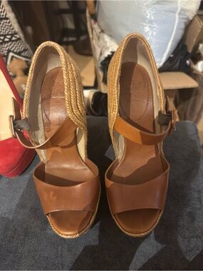 Christian Louboutin Tan Leather Espadrille Wedge Sandals